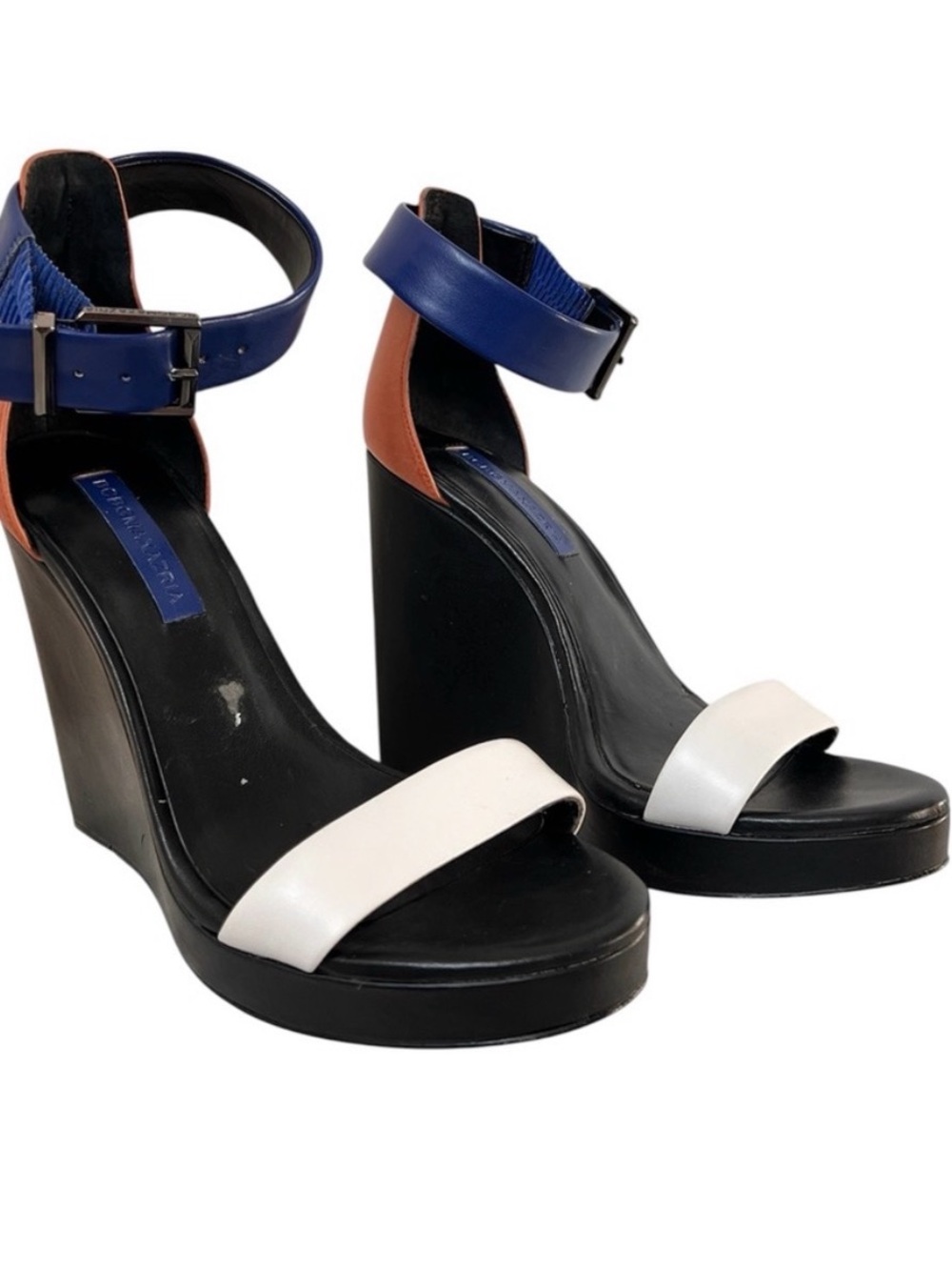 BCBG Maxazria Blue, White & Brown Leather Wedge Sandals